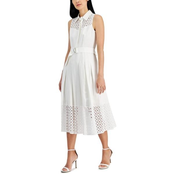 Anne Klein Womens Linen Blend Eyelet Midi Dress