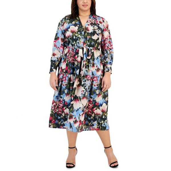 Anne Klein Womens Plus Satin Floral Midi Dress